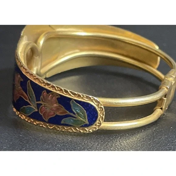 Vintage Cloisonne Hinged Bracelet Bangle Panda Floral Calla Lily Gold Tone - Picture 6 of 15